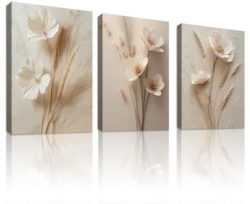 WENGTIAO Set of 3 Beige White Floral Canvas Wall Art Prints Framed Pictures Modern Minimalist Flowers Painting on Canvas for Living Room Bedroom Home Wall Decor 30x40cmx3