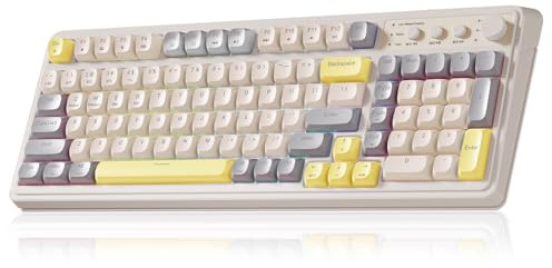 AULA S99 Gaming Keyboard, Ergonomic Computer Keyboards, Wireless Creamy Keyboard Full Size Cute Backlit Media Knob Programmable Tri-Mode Bluetooth/2.4GHz/USB-C Keyboard for PC Gamer - Grey & Yellow