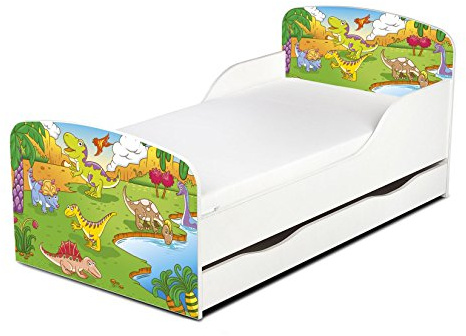 leomark Cama Infantil Completa de Madera - Dino - Marco de Cama, Colchón y Cajón, Somier, Blanco Muebles para Niños, Moderno Dormitorio, Espacio para Dormir: 140/70