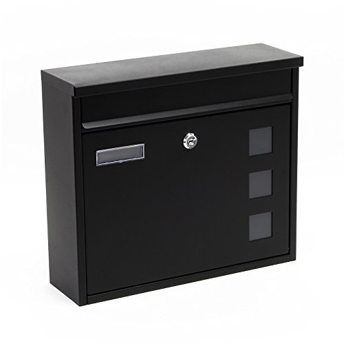 Wiltec Boîte aux Lettres Murale V12, Verrouillable, Noire, Acier galvanisé, 360 x 115 x 320 mm, avec Clapet, Fenêtres et Porte-nom