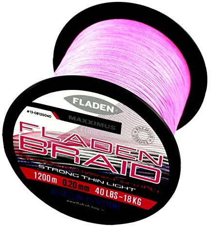 Fladen MAXXIMUS flätning, flätad fiskelina finns i rosa eller gult, sladdtjocklek 0,10 mm – 0,35 mm, lastkapacitet på 9 kg – 30 kg