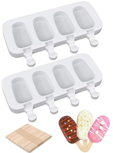 Ouddy Life Popsicle Molds Set of 2, Ice Pop Molds Silicone 4 Cavities Ice Cream Oval Cake Pop Mold with 50 Wooden Sticks for DIY Popsicle, Clear
