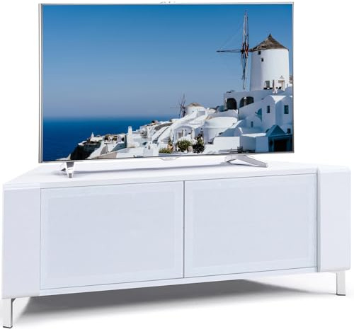 MDA Designs CORVUS Corner-Friendly Gloss White Contemporary Cabinet BeamThru Glass Doors Suitable for Flat Screen TVs up to 50