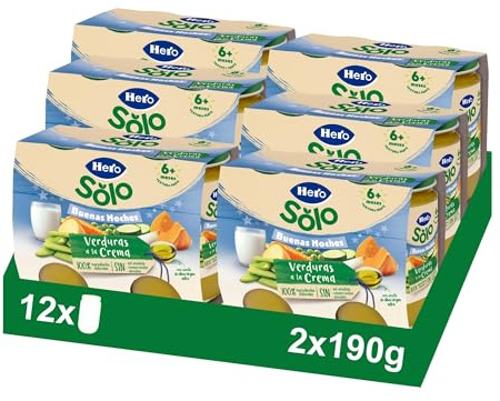 Hero Baby Buenas Noches - Tarritos de Verduritas a la Crema, Sin Sal Añadida, Sin Almidón, Sin Aceite de Palma, Ingredientes 100% Naturales, Para Bebés a Partir de los 6 Meses, 6 Packs de 2 x 190 g