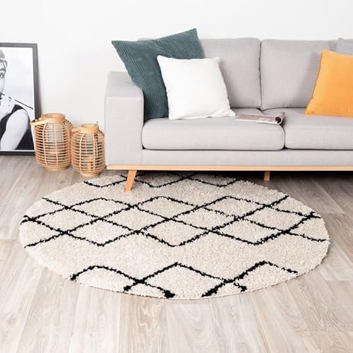 FRAAI | Home & Living Teppich Hochflor Rund - Grand Diamond Creme Schwarz - Gestreift, Shaggy - Modern, Skandinavisch - Wohnzimmer, Esszimmer, Schlafzimmer - Fellteppich - Carpet