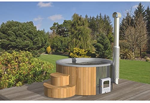 Wolff Finnhaus Badebottich grau Hot Tub Ø 200 cm Thermoholz mit Holzofen Thermoabdeckung