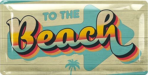 LANOLU Cartel de chapa retro con diseño de playa – Surf y playa decoración jardín – Piscina Cartel – Señal para el Tiki Bar – Cartel de metal con aspecto de madera 17 x 34 cm