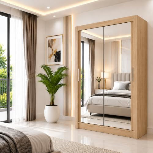 IE INTERIOR EMPORIUM Milan Full Mirror Double Sliding Door Wardrobe (or three in the 250cm size) With Shelves, Hanging Rails and LED Light in 6 Sizes & 4 Colors (150cm, Oak/Sonoma)