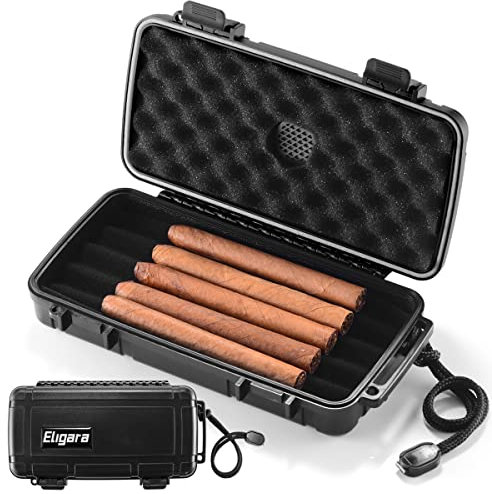 Travel Cigar Humidor Case with Humidifier Disc - Waterproof, Airtight, Durable and Crushproof - Holds up to 5 Cigars, Portable Cigar Box Gift for Men