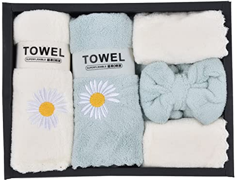 Alvinlite Coffret Cadeau de Serviettes de Bain - Serviette en Velours Corail Motif Marguerite 5 pièces - Serviette Moelleuse absorbante Douce - Ensemble de draps de Bain pour Le Visage avec