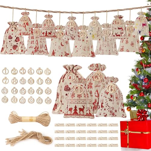 ANZOAT 24 Pcs Sachets Calendrier de l'Avent Tissu Noël Cadeau 2 Tailles | Sachets en Tissu Réutilisables, 9.8*13cm et 12.5*17cm, avec 24 Étiquettes Bois, Clips et 10m Corde pour Cadeau Friandise Noël