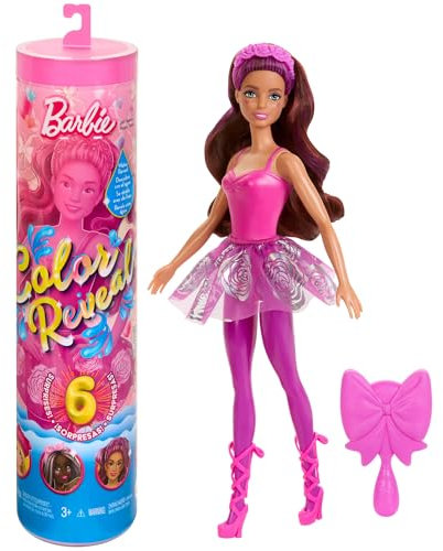 Barbie Color Reveal Puppe und Accessoires, Ballerina-Serie, 6 Überraschungen zum Auspacken einschließlich Farbwechsel, vom Ballettcore-Trend inspiriert (Stile können abweichen), HRK17