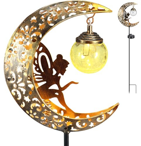 Solar Lights Outdoor Garden, Moon Fairy Crackle Glass Stake Lights,Waterproof Warm White LED Metal Decorative Light, Solar Powered Garden Decorations for Walkway Lawn Patio Yard