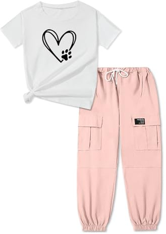ARTMINE Girls 2-Piece Clothing Sets Sleeve Printed T-shirt+Casual Drawstring Elastic Waist Cargo Pants, US 11-12 Years = Tag 160