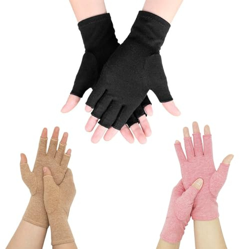 Benaewa 3 pares de guantes de artritis para mujeres y hombres, guantes de compresión sin dedos para alivio de Raynaud (negro, rosa, café, mediano), rosa, café negro, M