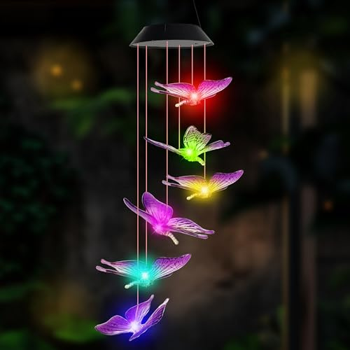 Solar Butterfly Wind Chimes Garden Gifts for Her Grandma Nanny Mum Solar Lights Outdoor Decor for Garden Yard Porch Christmas Easter Gifts Birthday Gifts for Women Ladies