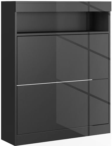 HOMCOM Narrow Shoe Cabinet, Wall Mounted or Freestanding Shoe Storage Cabinet with 2 Flip Drawers and Open Shelf for 12-16 Pairs of Shoes for Entryway, High Gloss Black