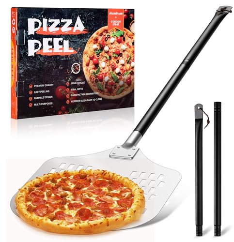 TEAMFAR Pelle à pizza, 30,5 x 42 x 124 cm, perforée, en aluminium anodisé dur, pour glisser facilement sur la pierre à pizza, rectangulaire, grande surface et poignée amovible pour barbecue, four à