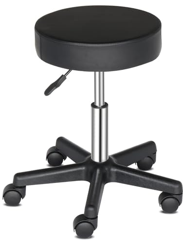 Bonnlo Tabouret à roulettes Réglable en Hauteur, Tabouret de Bureau avec Rembourrage de 10 cm, Tabouret de Travail Pivotant à 360°, Tabouret Rotatif pour Bureau/Salon/Bar, Cuir Synthétique, Noir