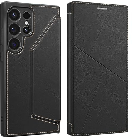 AIFIVE för Samsung Galaxy S25 Ultra fodral, smal passform flip läder med korthållare, stativ, RFID-blockering, plånbok magnetisk stängning stötsäker flip telefonfodral för Samsung S25 Ultra (svart)