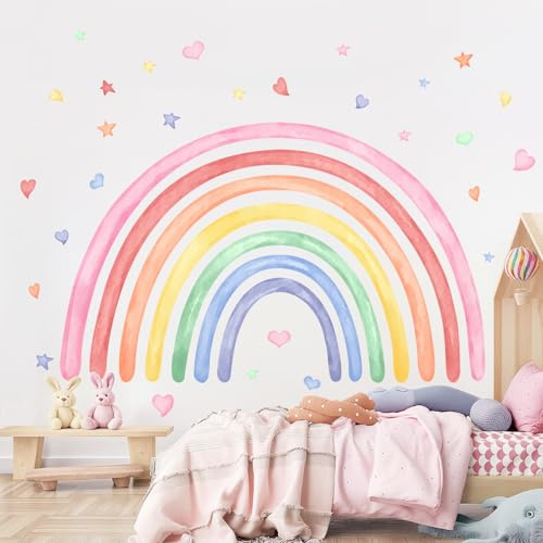 Supzone Pegatinas de Pared Gran Arcoiri 196x119CM Arcoiri Vinilo Decorativo | Acuarela Corazones Estrellas Adhesivos Pared para Habitación Infantile Dormitorio de los Niños Sala de Juegos Bebés Guardería