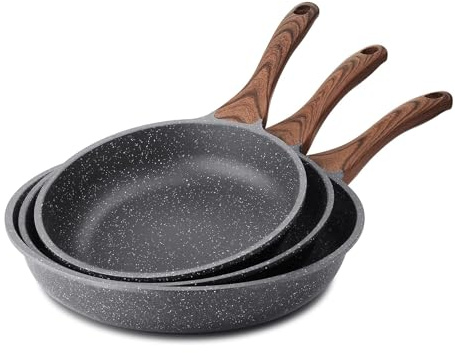 SENSARTE 20 cm + 24 cm + 28 cm Non-Stick Skillet Frying Pan, 3-Piece Swiss Granite Coating Omelette Pan, Healthy Stone Cookware, Chef's Pan, Gas Stove and Induction Compatible