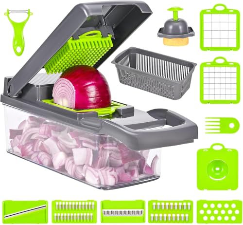 Mandolina per Verdure 16 in 1 + EBOOK di Ricette - Taglia Frutta e Verdura Manuale 32 x 11 x 11 Mandolina regolabile con ampio contenitore - Tritatutto Multifunzionale per Verdure