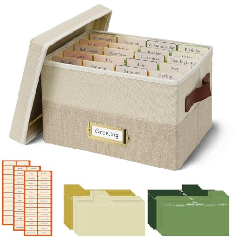 Vienrose Scatola Portaoggetti per Biglietti d'Auguri, con 20 Divisori Rimovibili, 84 Etichette Autoadesive, Scatola Pieghevole Ideale per Biglietti d'Auguri, Foto, Buste, Adesivi, Cartoline (Beige)