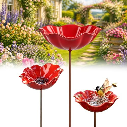 Abreuvoir Oiseaux Exterieur sur Pied, Bain Oiseaux Exterieur en Métal, 2 en 1 Mangeoire et Baignoire Oiseaux, Fontaine à Oiseaux Forme Fleur pour Décoration Jardin-Hauteur 60CM (Red)