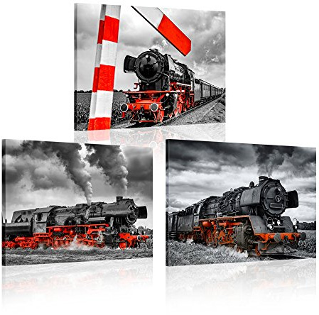 iKNOW FOTO 3 Piece Canvas Wall Art Black and Red Steam Locomotive Train Poster Pritns Old Vintage Steam Engine Pictures Modern Home Decor Stretched and Framed Ready to Hang 12x16inchx3pcs