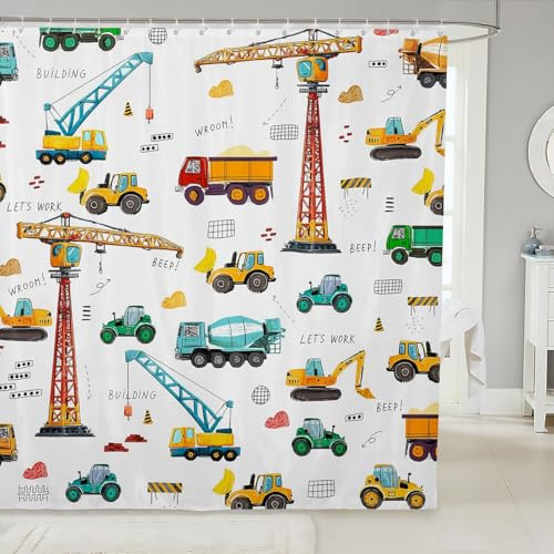 Kid Excavator Shower Curtain, Tractor Machinery Trucks Shower Curtain, Construction Vehicle Bathroom Curtains For Boys, Bulldozer Crane Bath Curtain Equipment Truck Bath Curtain, 72 W x 72 L