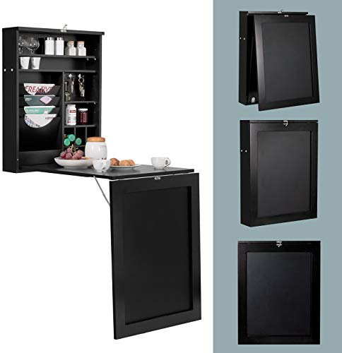 COSTWAY Wandtisch klappbar, Wandklapptisch mit Tafel, multifunktional Bartisch Esstisch wandmontiert, Klappschreibtisch Küchentisch Laptoptisch für Zuhause und Büro (Schwarz)