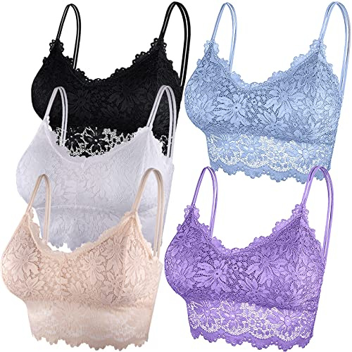 Duufin 5 Piezas Bralette Encaje Sujetador de Encaje Tipo Bralette para Mujer y Niña(Negro, Blanco, Beis, Azul Claro, Violeta Claro, S-M)