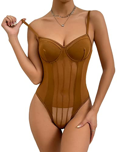 Body Mujer Sexy Transparente Tirantes Bodysuit sin Mangas Malla Elástica Ropa Interior Body Mono Leotardo Backless Jumpsuit Fashion Encaje Going Out Tops