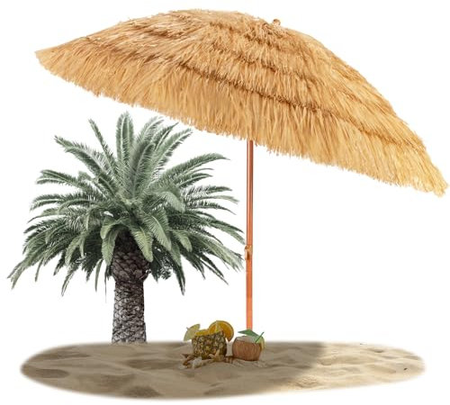 RELAX4LIFE Parasol Plage Hawaïen Inclinable Φ2M, Paille Tropicale avec 8 Baleines Mât en Fer Bouton d'Ouverture, Exotique Portable pour Balcon Appartement-Plage-Patio, Naturel