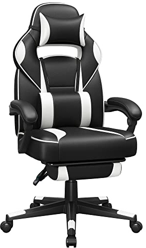 SONGMICS Fauteuil de Bureau, Chaise Gaming, Réglable, Repose-Pieds Télescopique, Mécanisme à Bascule, Appui-tête, Support Lombaire, Charge 150 kg, Noir d'encre et Blanc Nuage OBG73BW