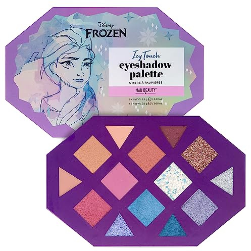 Mad Beauty Disney Frozen Elsa Icy Touch Lidschatten-Palette zum 10. Jahrestag, vierzehn Farbtöne plus Glitzer-Topper, Kosmetikgeschenke