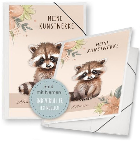 Zeichenmappe A4 oder A3 Schule Kindergarten Mappe personalisiert mit Namen Racoon Waschbär Ogange - Kunstwerke Erinnerungsmappe Sammelmappe Junge Mädchen