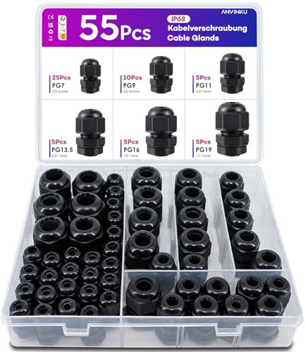 Kabelverschraubung, ANVINKU Kabelverschraubung Wasserdicht mit Dichtungen 55 Stück, PG7 PG9 PG11 PG13.5 PG16 PG19 Kabeldurchführung Wasserdicht, Schwarz Einstellbar Kabelverschraubungen Set