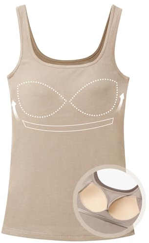 ANYFITTING Linne Topp för Kvinnor Inbyggd BH-Linne för Kvinnor Sommar Breda Axelband Avslappnad Underkläder Linnen med Inbyggd BH Smala Passform Bas Linne Toppar Fyrkantig Hals Yoga Träning Khaki S