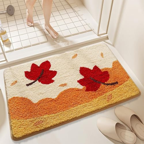 Trlyane Badematte Herbst, Maple Leaf rutschfeste Badematte, Mikrofaser Flauschige Weich Badezimmerteppich Absorbent Badteppich für Badewanne,Badezimmer,Eingang,Türmatte 50x80cm