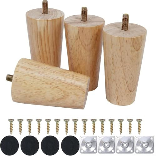Qodiacl 4 Piezas Patas para Muebles Madera 6cm Patas de Roble para Mesa de Repuesto para Sofá, Cama,Sillón,Gabinete, Mesa de Centro, con Placa de Montaje y Almohadillas de Goma