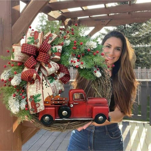 Weihnachtskranz, Bauernhaus Weihnachtskranz Türkranz 35 cm, für Tür, Weihnachtsdeko Kranz,Roter Lastwagen,Künstliche Weihnachten Haustürkranz Aussen (Roter LKW,35 cm)