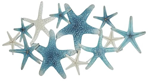 Starfish Cluster Oceanic Metal Wall Sculpture | Handpainted Coastal Blue, Antique White, and Metallic Gold Hues | Layered, Textured Starfish Beach Collage Wall Art | Hangs Horizontally or Vertically
