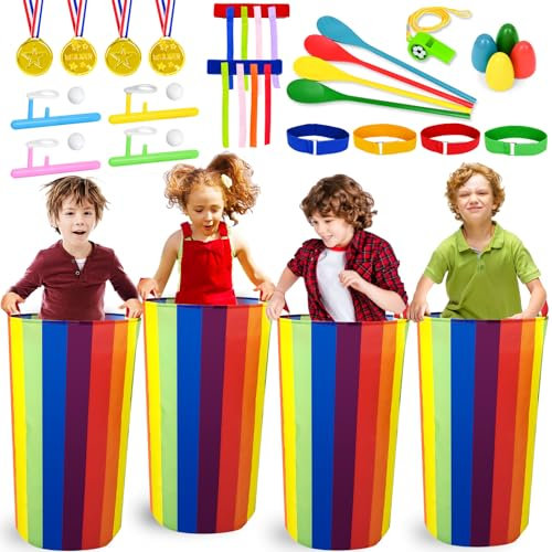 Joellfuner Giochi da Esterno per Bambini, Giochi per Feste All'aperto, Corsa con i Sacchi, Cucchiaio e Uovo Corsa, Corsa a 3 Gambe, 5 In 1 Gioco da Giardino, Giochi da Cortile per Bambini 5 Anni