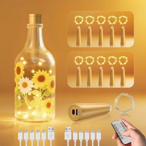 Ymenow 10 luci per bottiglie con timer, catena di luci per bottiglie in sughero, 2 m, 20 LED, USB, telecomando per interni, per bottiglie fai da te, Natale, Halloween, feste (bottiglia non inclusa)