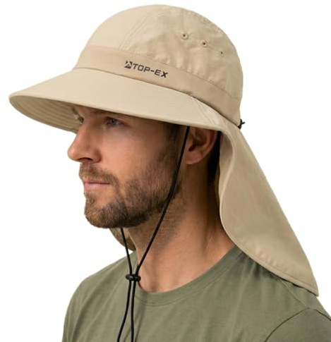 TOP-EX Chapeau de soleil pour homme, avec protection de la nuque, protection UV 50+, avec technologie rafraîchissante, large bord et pliable, chapeau de safari et de pêche pour l'extérieur, la pêche