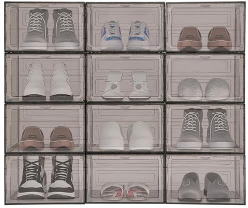 PromiseFly Cajas de zapatos acrílicas, 12 unidades, semitransparentes, con puerta abatible, apilable, caja de almacenamiento para zapatos, para dormitorio, oficina, sala de juegos