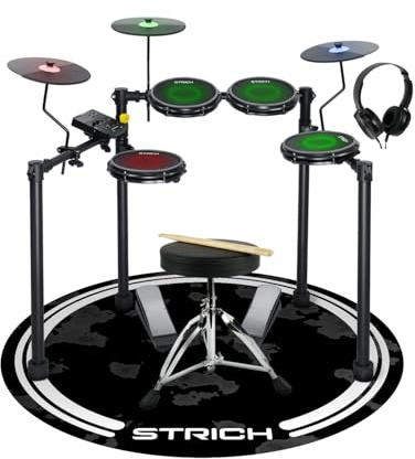 STRICH Electric Drum Set with Mesh Heads, LED Light-Up Drum Pads, USB MIDI, Quiet Foldable Electronic Drum Kit with Throne, Headphones & Drum Mat for Beginners and Home Practic, SED-T03