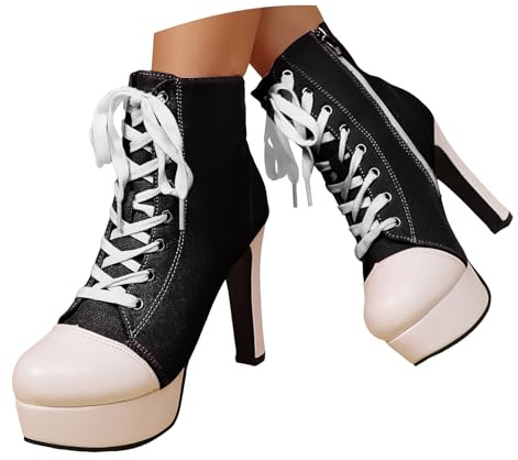 Botines de lona de tacón alto para mujer, zapatos de tacón de aguja ligeros y antideslizantes, plantilla cómoda con cordones y cremallera lateral, puntera redonda, estilo retro Y2K, para salir de
